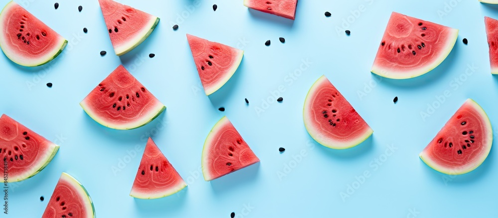 Bright light blue background with a red watermelon slice pattern creates a fresh and trendy summer abstract concept for a minimal flat lay food texture with copy space Bright light blue background with a red watermelon slice pattern creates a fresh and trendy summer abstract concept for a minimal flat lay food texture with copy space
