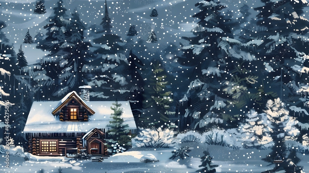 A Cozy Winter Cabin Nestled in a Serene Snowy Landscape with Towering Pines A Cozy Winter Cabin Nestled in a Serene Snowy Landscape with Towering Pines