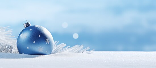 A blue Christmas ball rests on a small decorative sleigh placed on a snowy hill This image showcases the joyous festivities of winter holidays Perfect for a Merry Christmas and Happy New Year backgro