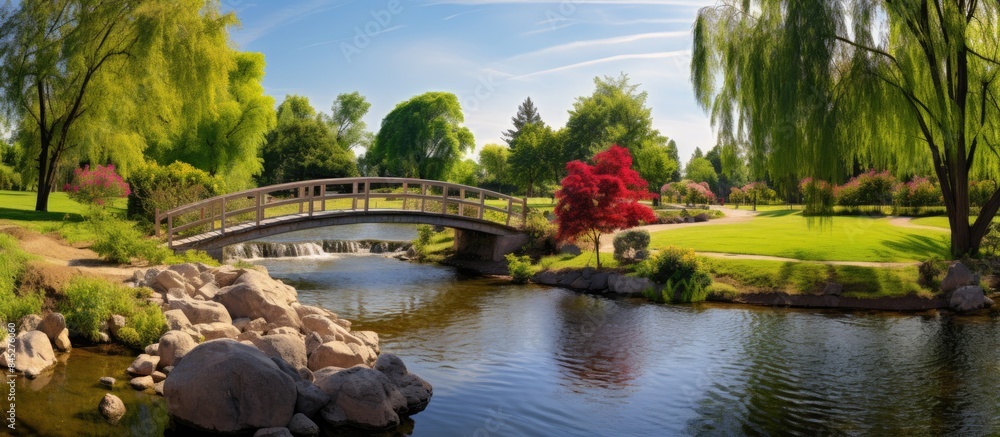 Fototapeta premium A picturesque park with a kids playground and a charming bridge over a shimmering creek captured in a sunny day panoramic image with plenty of empty space. Creative banner. Copyspace image