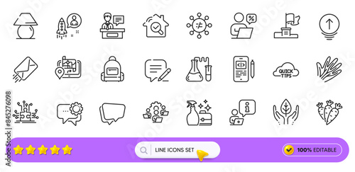 Gps, Inspect and Write line icons for web app. Pack of E-mail, Speech bubble, Chemistry lab pictogram icons. Fair trade, Table lamp, Cleanser spray signs. Veins, Discrimination, Winner flag. Vector
