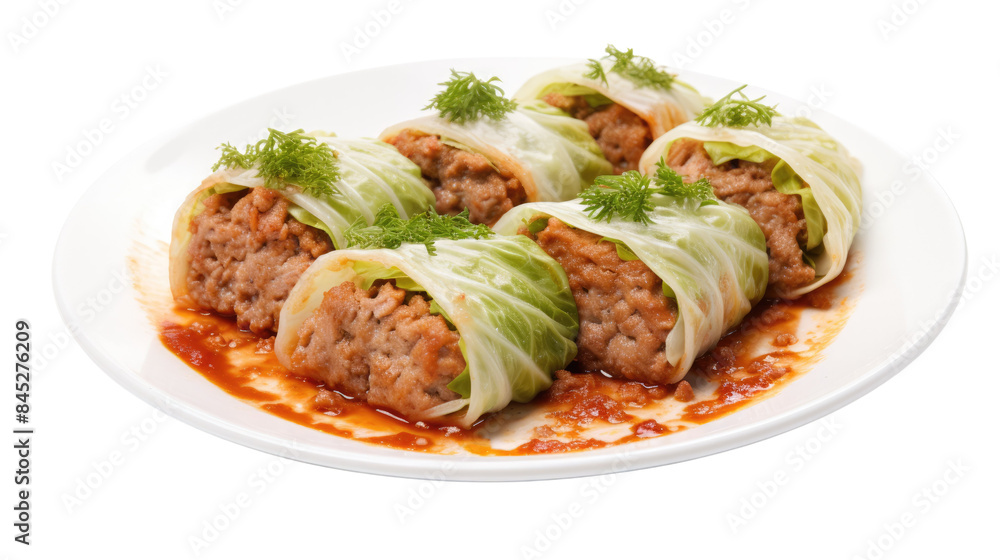 Photograph of a cabbage roll, filled with a savory meat and rice mixture Photograph of a cabbage roll, filled with a savory meat and rice mixture
