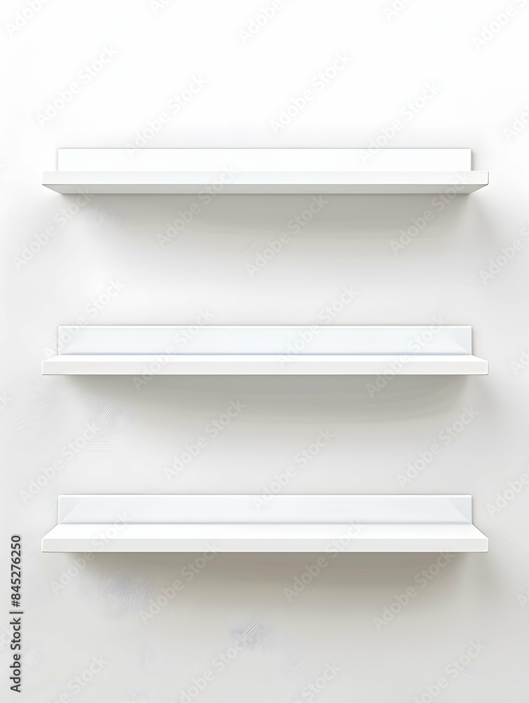 Empty white floating shelves above each other on white wall. Place for your products Empty white floating shelves above each other on white wall. Place for your products