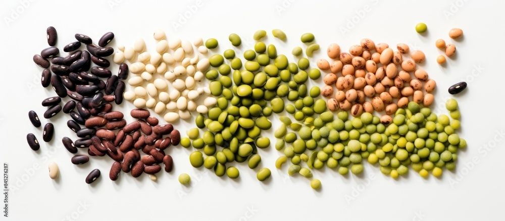Fototapeta premium Copy space image featuring a top view or flat lay of various beans including white black red soy and green mung mixed together on a white background