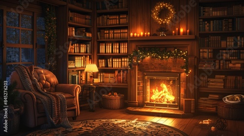 A cozy living room with soft, warm lighting, a comfortable armchair, and a stack of books next to a crackling fireplace, creating an atmosphere of peace and relaxation perfect for