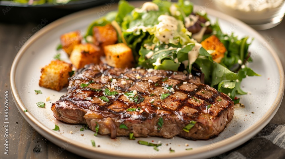 Grilled steak with a side of Caesar salad and garlic croutons Grilled steak with a side of Caesar salad and garlic croutons