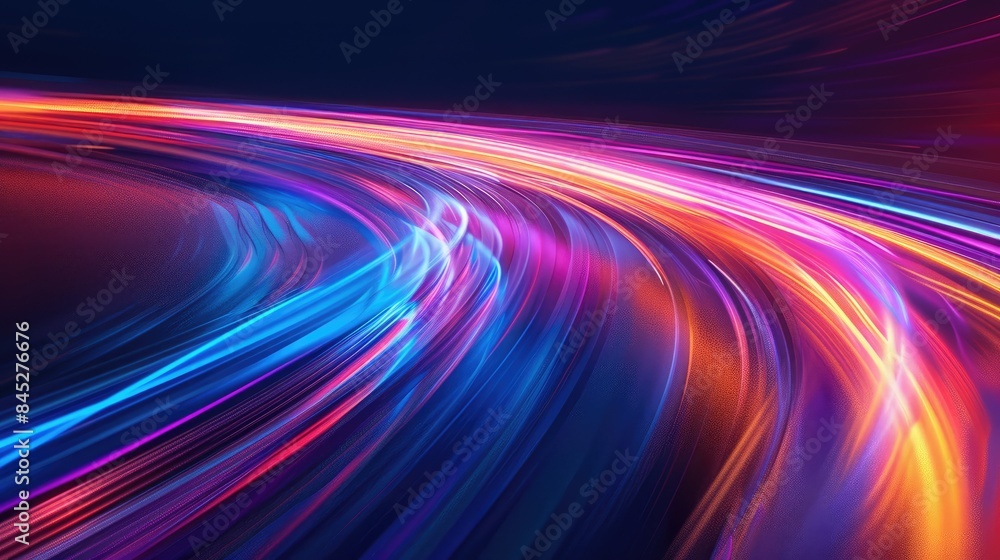 A vibrant, dynamic light trail emerging from a central point, shades of blue, purple, pink, and orange sense of energy and futuristic technology A vibrant, dynamic light trail emerging from a central point, shades of blue, purple, pink, and orange sense of energy and futuristic technology