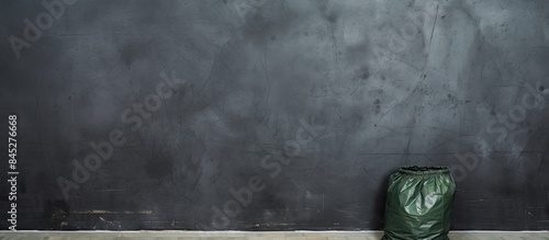 A black garbage bag sits against a green cement wall with a gray bare mortar floor The image provides copy space for adding text The concept highlights the importance of disposing of garbage correctl photo