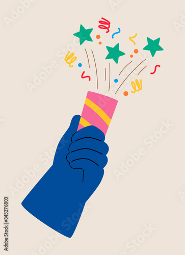 Hand holding confetti or firecracker. Colorful vector illustration