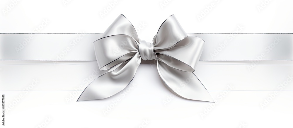 A silver shiny satin ribbon bow with ribbon is positioned by the corner of a frame creating an isolated copy space image on a white background suitable for a holiday theme