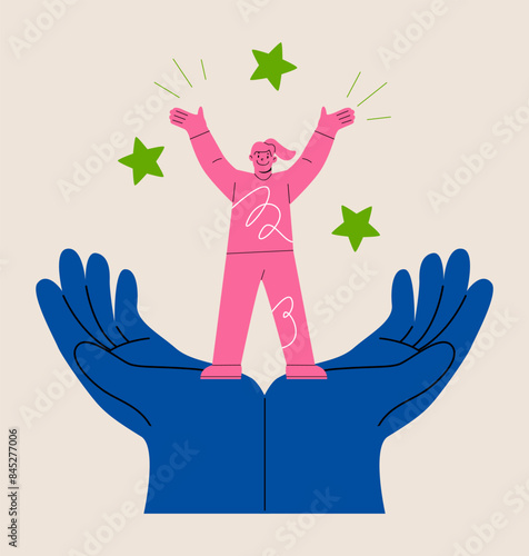 Woman standing on palms. Support systems concept. Colorful vector illustration