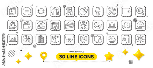 Skyscraper buildings, Table lamp and World time line icons pack. 3d design elements. Friends couple, Money wallet, Question mark web icon. Search flight, Chin, Attached info pictogram. Vector