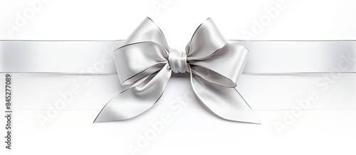 Obraz na płótnie A silver shiny satin ribbon bow with ribbon is positioned by the corner of a frame creating an isolated copy space image on a white background suitable for a holiday theme w salonie