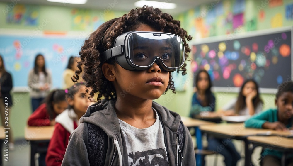 Young schoolchild standing near the classroom chalkboard wearing virtual reality glasses Young schoolchild standing near the classroom chalkboard wearing virtual reality glasses