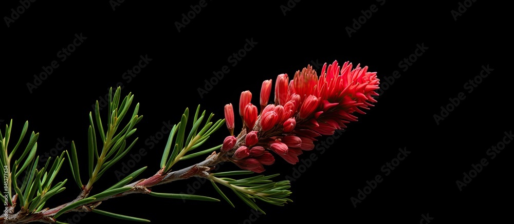 High resolution close up image of a red blooming european larchtree cone Larix decidua on a branch with fresh green needles in spring on a black background with copy space High resolution close up image of a red blooming european larchtree cone Larix decidua on a branch with fresh green needles in spring on a black background with copy space