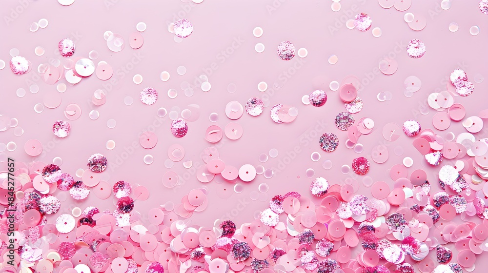 Festive pink background. Shining sequins on light pink pastel background. Christmas. Wedding. Birthday. Happy woman's day. Mothers Day. Valentine's Day. Flat lay, top view, copy space. Festive pink background. Shining sequins on light pink pastel background. Christmas. Wedding. Birthday. Happy woman's day. Mothers Day. Valentine's Day. Flat lay, top view, copy space.