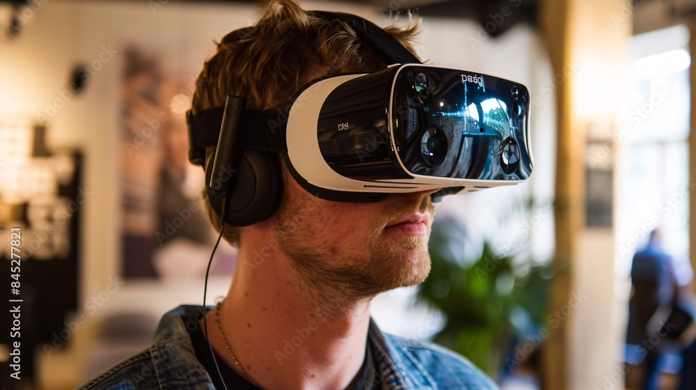 An entrepreneur using virtual reality goggles to explore business opportunities An entrepreneur using virtual reality goggles to explore business opportunities