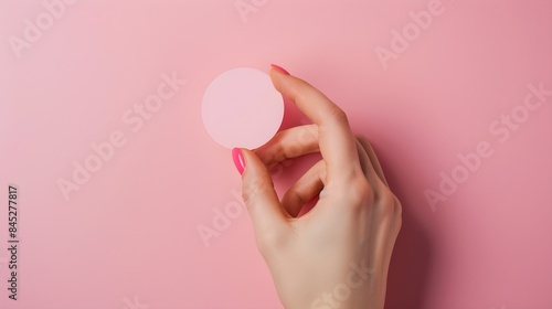 female hand holds a round sticker on a pink background. mockup stickers