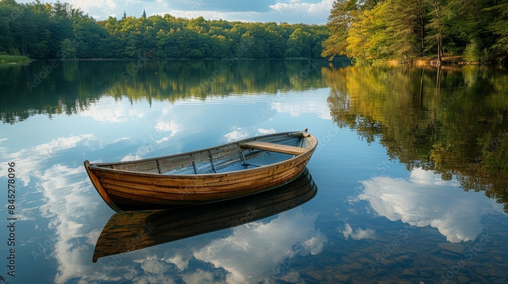 A peaceful scene of a calm lake reflecting the surrounding trees and sky, with a small wooden boat gently floating on the water, conveying a sense of tranquility and serenity. A peaceful scene of a calm lake reflecting the surrounding trees and sky, with a small wooden boat gently floating on the water, conveying a sense of tranquility and serenity.