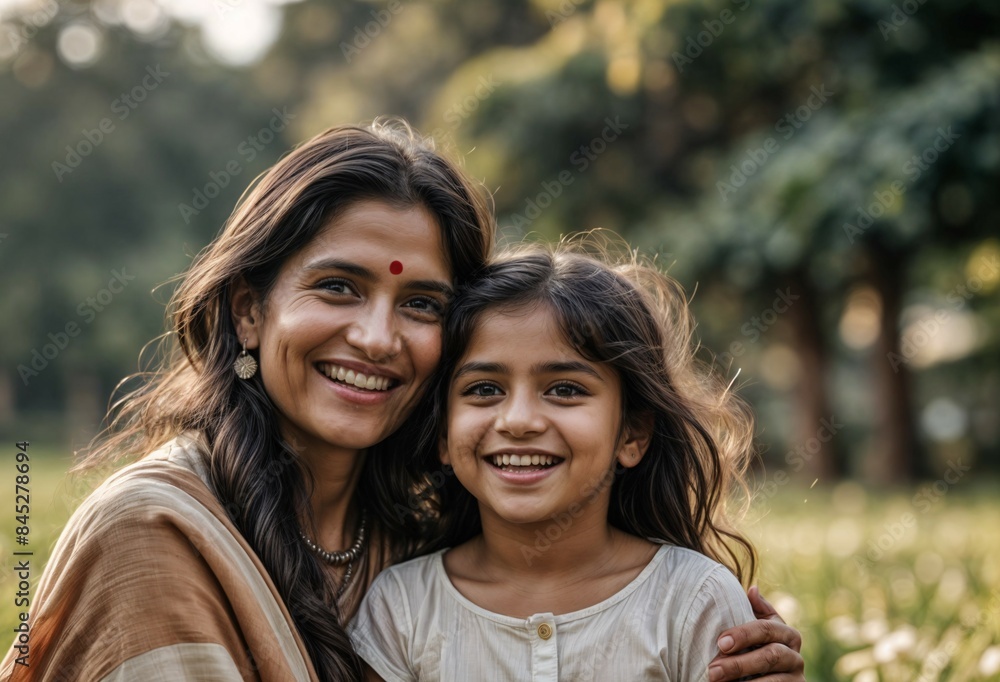 Indian mother and daughter, smiling in each other's arms in the open air Indian mother and daughter, smiling in each other's arms in the open air