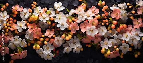A vibrant Mother s Day backdrop with spring flowers on a black background showcasing the beauty of apricot blossoms from a top down perspective A captivating image portraying the essence of spring photo