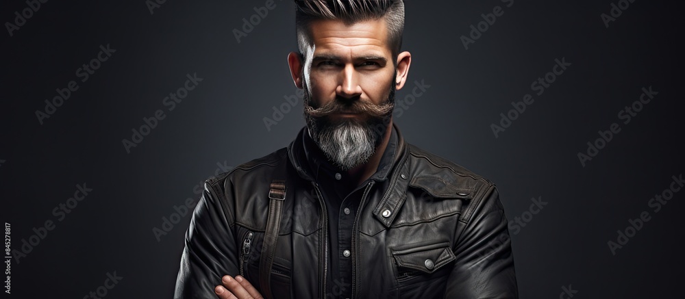A rugged looking barber stands with crossed arms holding his tools and confidently gazes at the camera in a portrait on a grey background with copy space A rugged looking barber stands with crossed arms holding his tools and confidently gazes at the camera in a portrait on a grey background with copy space