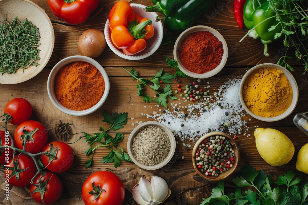 A flat lay photograph of fresh vegetables, herbs, and spices on a wooden table. Generative AI A flat lay photograph of fresh vegetables, herbs, and spices on a wooden table. Generative AI