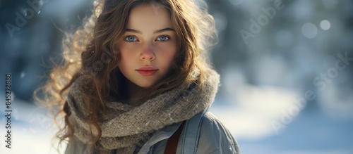 In a picturesque winter forest a gorgeous young girl stands surrounded by the serene beauty of nature creating the ideal scene for a stunning copy space image