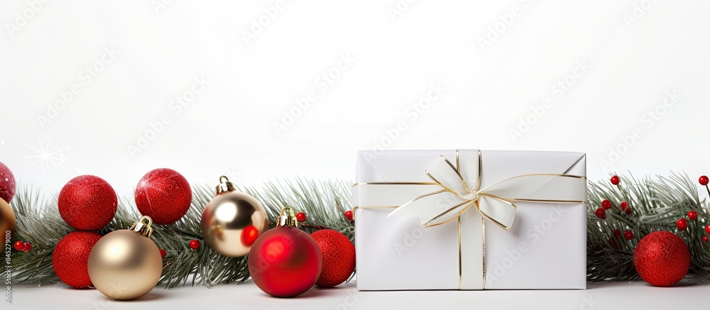 A beautifully wrapped white gift box with a red satin bow and curly ribbon is placed under a Christmas tree adorned with baubles It is positioned in a border frame design against a white background l A beautifully wrapped white gift box with a red satin bow and curly ribbon is placed under a Christmas tree adorned with baubles It is positioned in a border frame design against a white background l