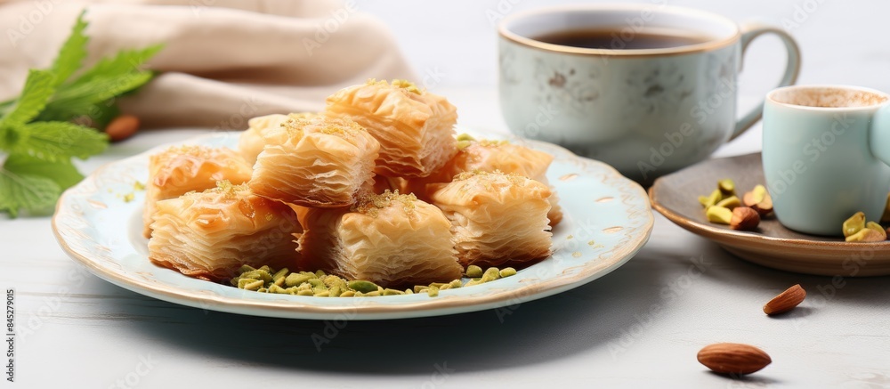 Above view of a delectable plate of freshly made Arabic baklava served alongside a cup of coffee This traditional oriental dessert is presented on a white plate with a copy space image for adding tex Above view of a delectable plate of freshly made Arabic baklava served alongside a cup of coffee This traditional oriental dessert is presented on a white plate with a copy space image for adding tex