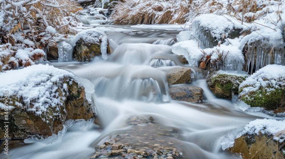 Photography of a flowing stream with a frozen waterfall Photography of a flowing stream with a frozen waterfall