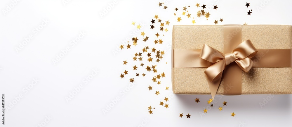 A top view of a gift box with a blue ribbon on a white background offering a discounted gift for sale The image is a flat lay with plenty of copy space conveying a holiday concept A top view of a gift box with a blue ribbon on a white background offering a discounted gift for sale The image is a flat lay with plenty of copy space conveying a holiday concept