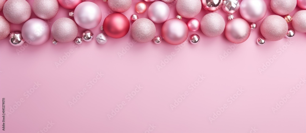 A minimal Christmas themed flat lay composition featuring pink decorations on a pastel pink background The image has a lot of empty space for text or other elements. Creative banner. Copyspace image A minimal Christmas themed flat lay composition featuring pink decorations on a pastel pink background The image has a lot of empty space for text or other elements. Creative banner. Copyspace image
