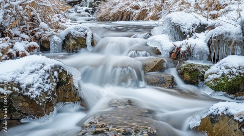 Photography of a flowing stream with a frozen waterfall