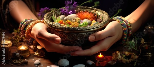 In a mystical ritual a female hand with bracelets artistically blurs as it holds an amulet over a bowl of herbs The image captures the essence of astrology fortune telling esotericism and clairvoyanc