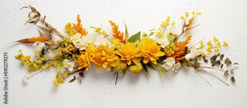 A yellow bouquet of fresh flowers arranged on a white surface captured from a top down perspective offers a fall themed composition with ample copy space