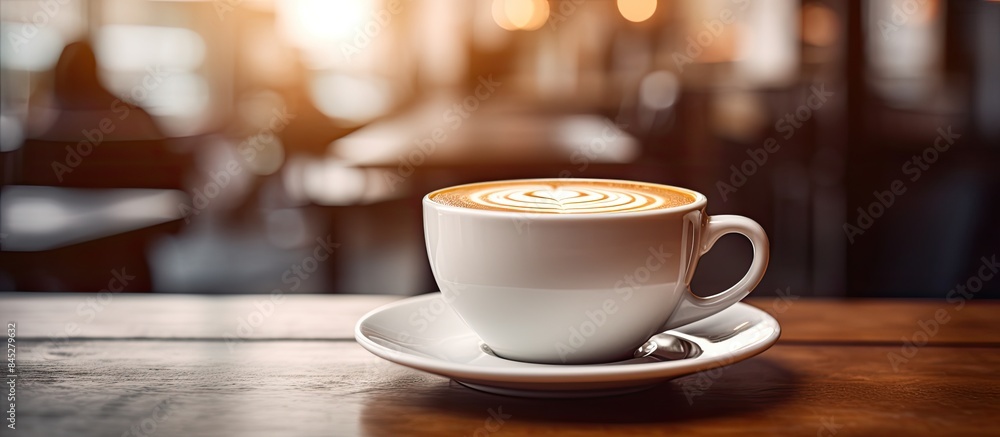 A cup of coffee rests on a table in a cafe with plenty of open space for other objects or decorations creating a versatile and inviting copy space image A cup of coffee rests on a table in a cafe with plenty of open space for other objects or decorations creating a versatile and inviting copy space image