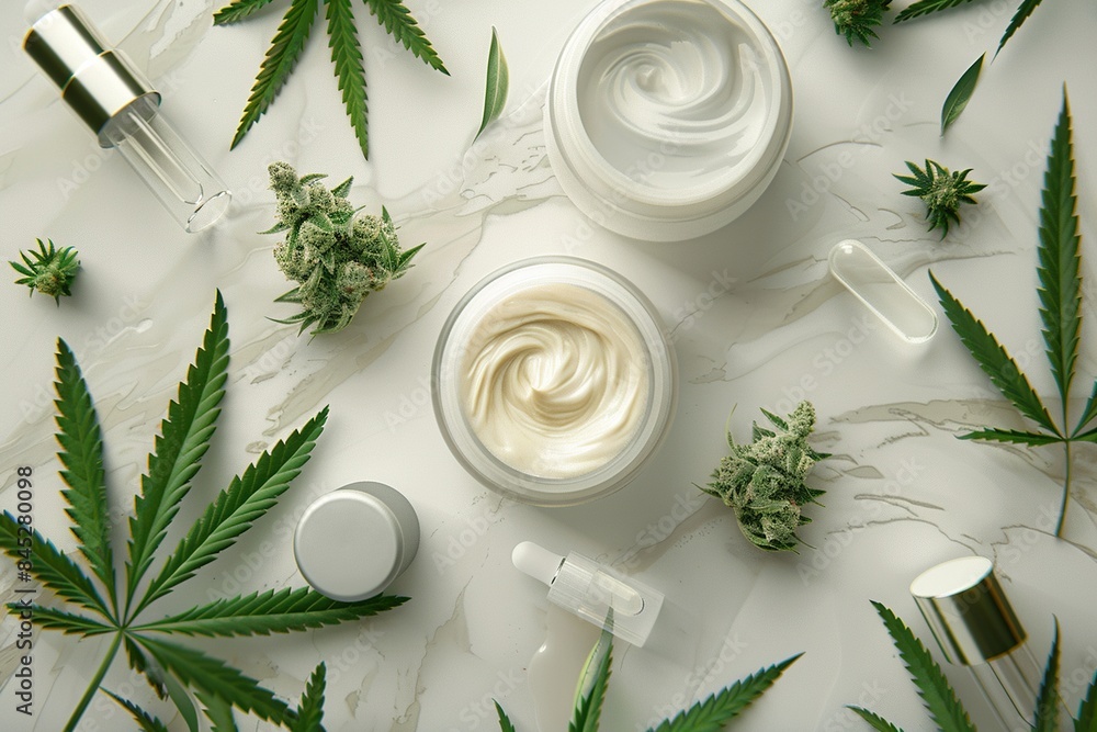Layout of Hemp cosmetic products. Cream, lotion, moisturiser, cbd, oil. Cannabis leaves. White background. Ai generative Layout of Hemp cosmetic products. Cream, lotion, moisturiser, cbd, oil. Cannabis leaves. White background. Ai generative