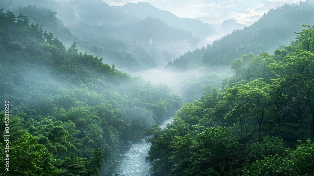 Obraz premium A serene landscape with a winding river flowing through lush forests and mist-covered mountains, creating a sense of peace and tranquility, ideal for promoting relaxation and rejuv