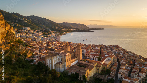 cefalu, sicily, italy Mediterranean Sea aerial sunset view drone above beach and historical old town 