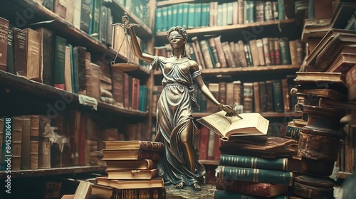 Statue of Lady Justice holding scales and a book in an old library filled with stacks of books.