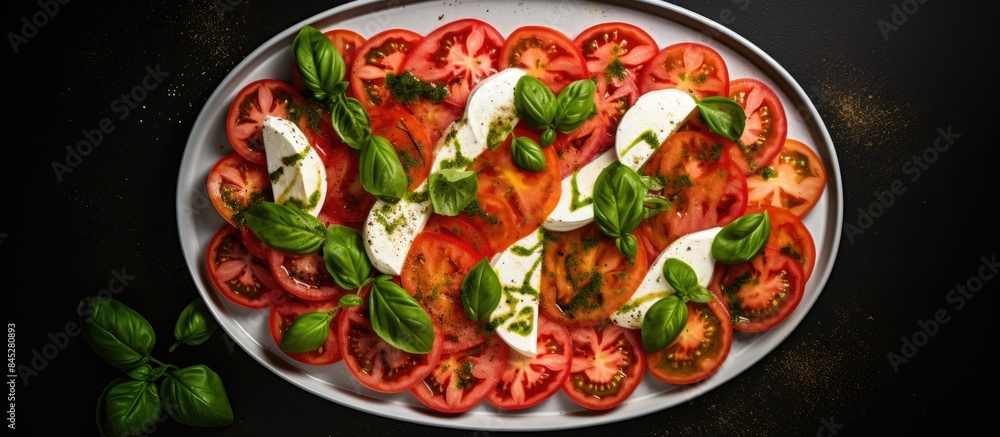 A top view flat lay showcasing a Caprese salad made with ripe tomatoes fragrant garden basil and creamy mozzarella cheese Ample copy space is available for additional elements A top view flat lay showcasing a Caprese salad made with ripe tomatoes fragrant garden basil and creamy mozzarella cheese Ample copy space is available for additional elements