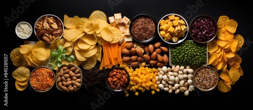 A variety of snacks including chips nachos nuts and beer snacks are showcased on a black background in a top down perspective leaving room for text or other elements in the image. Creative banner photo