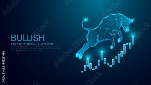 Japanese candlestick and Bullish Market Concept. Trading and Bull Low Poly Wireframe Vector Illustration on Technological Blue Background Showing Stock Market Rise or Buyers Dominance