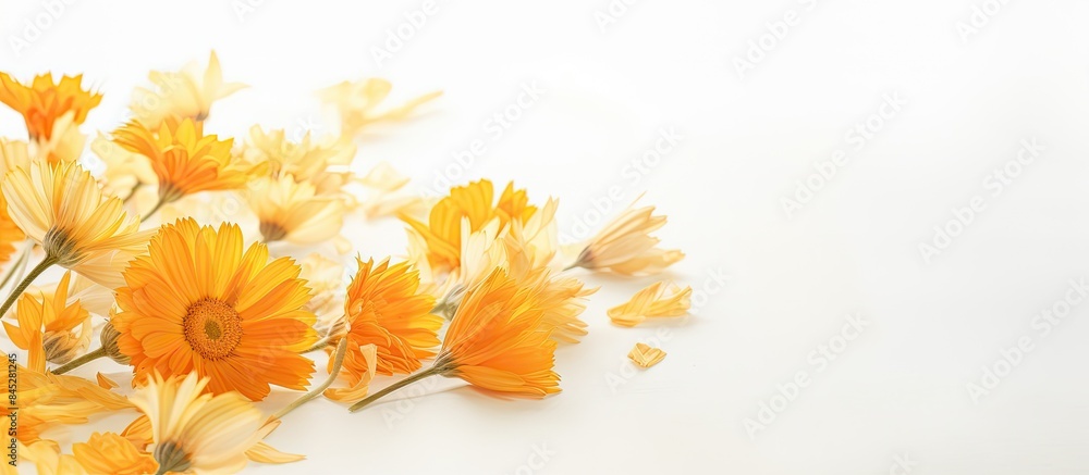 Copy space image of dried calendula flowers on a light background These flowers possess medicinal properties including bactericidal and anti inflammatory effects Copy space image of dried calendula flowers on a light background These flowers possess medicinal properties including bactericidal and anti inflammatory effects
