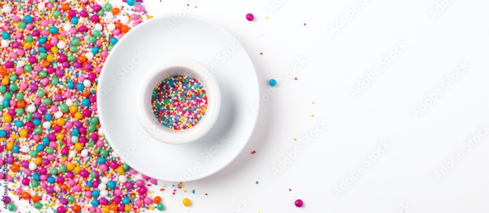 A vibrant holiday background featuring a mix of colorful sprinkles on a white saucer Perfect for Easter or birthday greetings Can be used for web banners Top view Flat lay Plenty of copy space image A vibrant holiday background featuring a mix of colorful sprinkles on a white saucer Perfect for Easter or birthday greetings Can be used for web banners Top view Flat lay Plenty of copy space image
