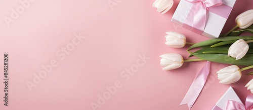 Copy space image with white tulips hearts and gift boxes arranged on a charming pink background symbolizing a joyful concept for celebrating Mother s Day The top view allows for more focus and apprec