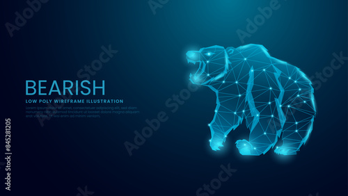 Bearish Market Concept. Stock Market Digital Bear Low Poly Wireframe Vector Illustration on Technological Blue Background Showing Sellers Dominance