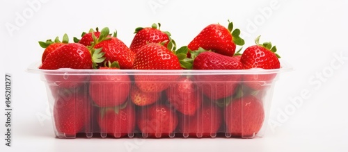 Close up front view of a plastic container with fresh strawberries isolated on a white background The image includes ample space around the strawberries