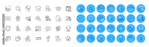 5g technology, Elephant on ball and Shield line icons pack. Loyalty star, Best market, Award cup web icon. Hand, Phone payment, Trophy pictogram. Dumbbell, Fitness calendar, Business vision. Vector